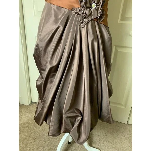 Simone Carvalli Dress Brown Woodland Forest Fairy Ruched Floral Appliqué Size 12 - Picture 4 of 16